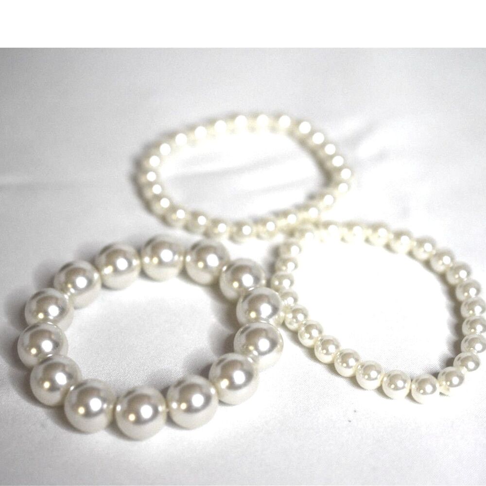Lovely 3 Stackable Prom/Bridal Formal Multi Size Faux Pearl 6" Stretch Bracelets